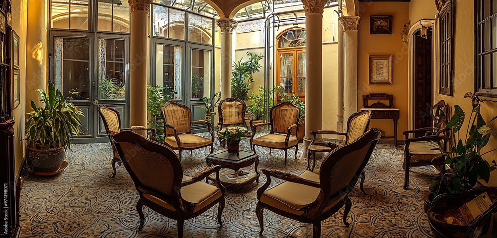 Fototapeta premium Antique furnished atrium in a historic guest house with cultural ambiance.