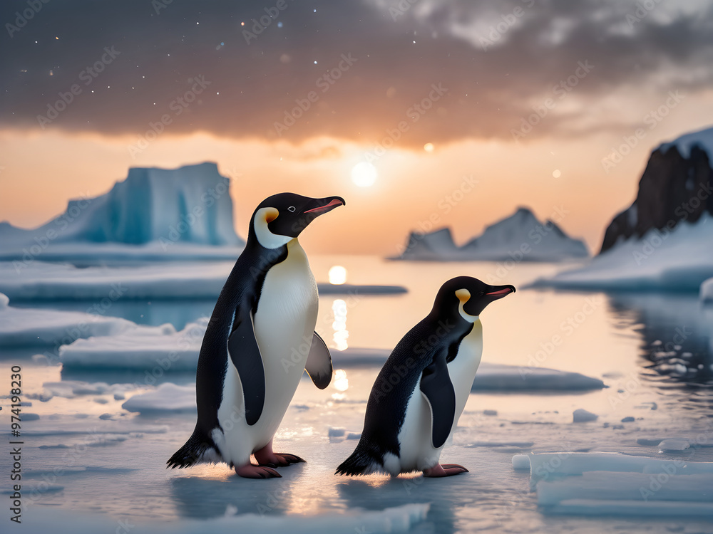 Obraz premium Penguins Adelie walking together on the snow. Beautiful Photography. Generative AI.