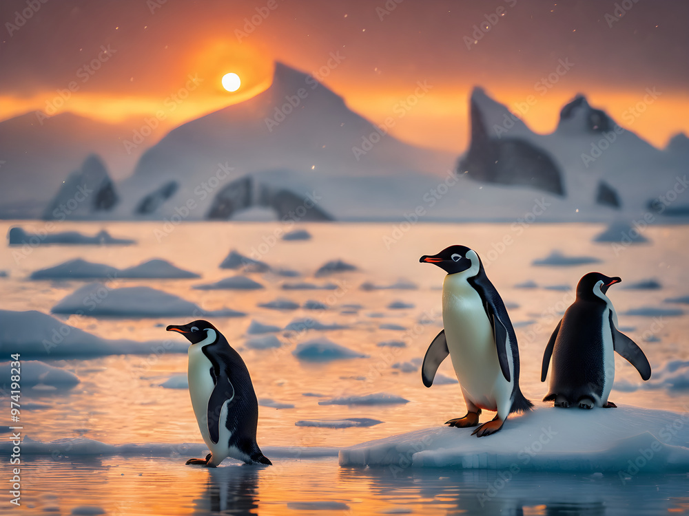 Obraz premium Penguins Adelie walking together on the snow. Beautiful Photography. Generative AI.