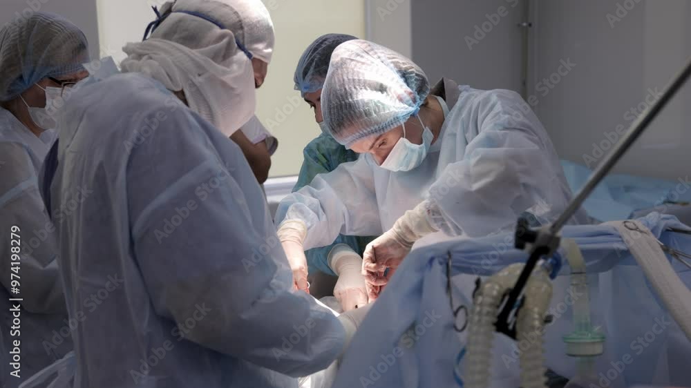 Surgeons performing a delicate operation in a modern operating room, surrounded by advanced medical equipment. The photo captures a moment of precision and expertise in a high-tech environment. Surgeons performing a delicate operation in a modern operating room, surrounded by advanced medical equipment. The photo captures a moment of precision and expertise in a high-tech environment.