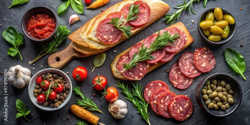 Sandwich ingredients arrangement with salami, bread, herbs, olives, tomatoes, and spices on a dark background, top view