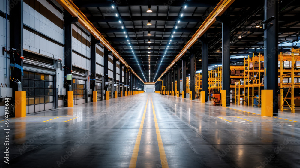 Fototapeta premium A large, modern industrial warehouse featuring high ceilings, expansive floor space, and organized storage racks for efficient logistics operations.