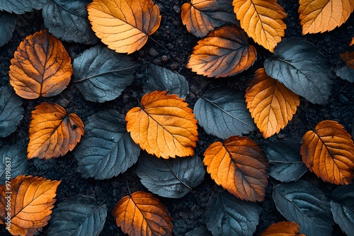 Colorful autumn leaves on dark soil – nature’s seasonal contrast