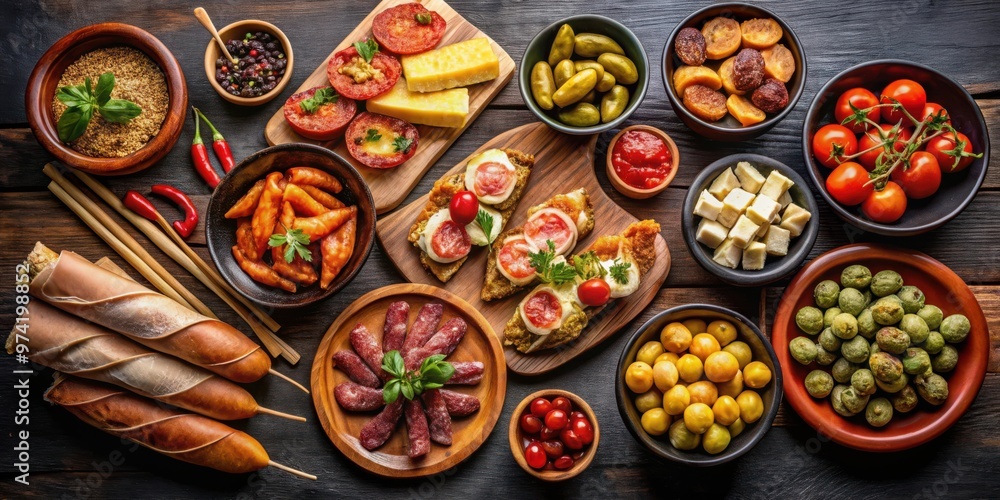 Fototapeta premium Spanish tapas selection on black background with space for text