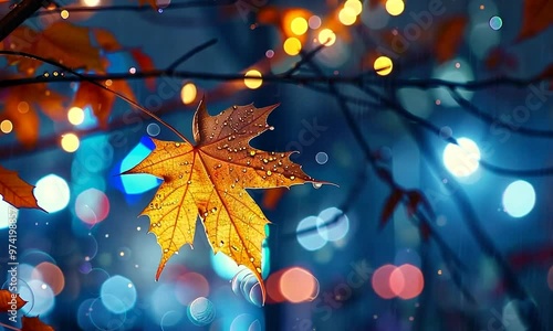 Close-up of a fallen autumn leaf with soft, dreamy bokeh lights in the background, capturing the magic of fall.