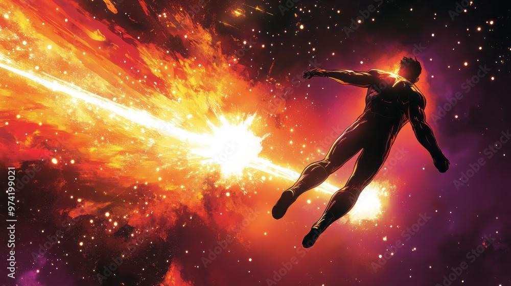 A lone figure flies through a fiery expanse of space. A lone figure flies through a fiery expanse of space.