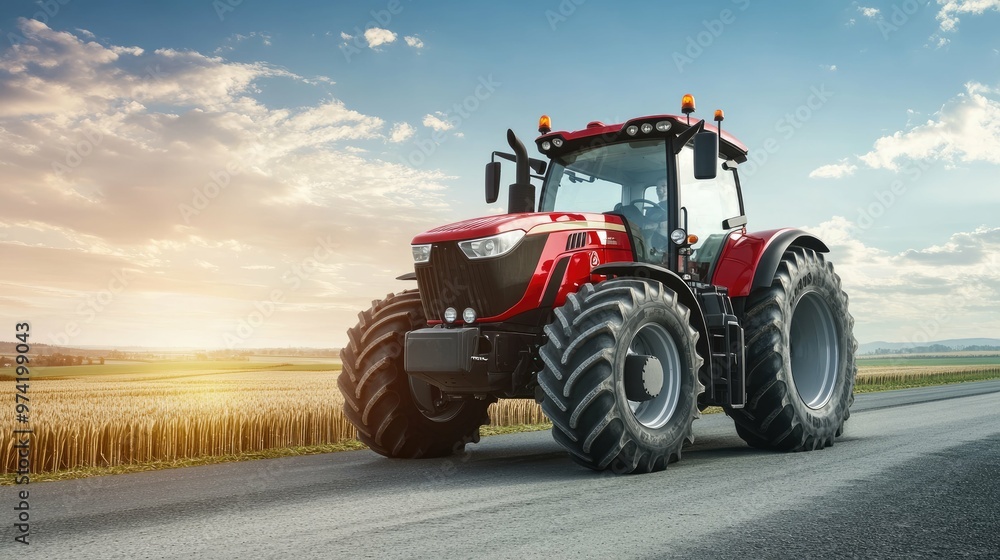 A modern red tractor drives down a paved road towards a golden wheat field at sunset. A modern red tractor drives down a paved road towards a golden wheat field at sunset.