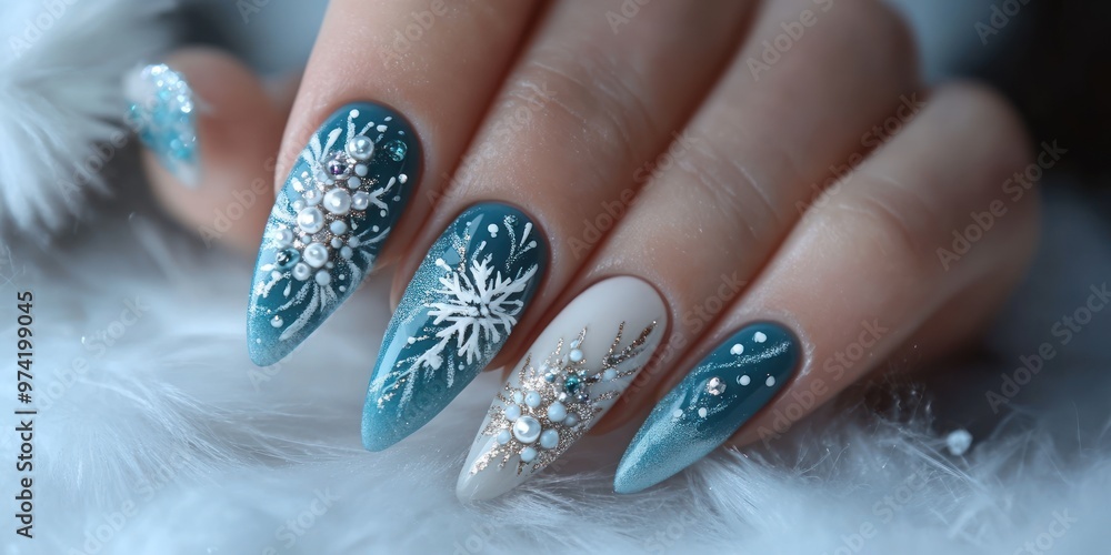 Close-up of a Hand with Blue and White Snowflake Nail Art Close-up of a Hand with Blue and White Snowflake Nail Art
