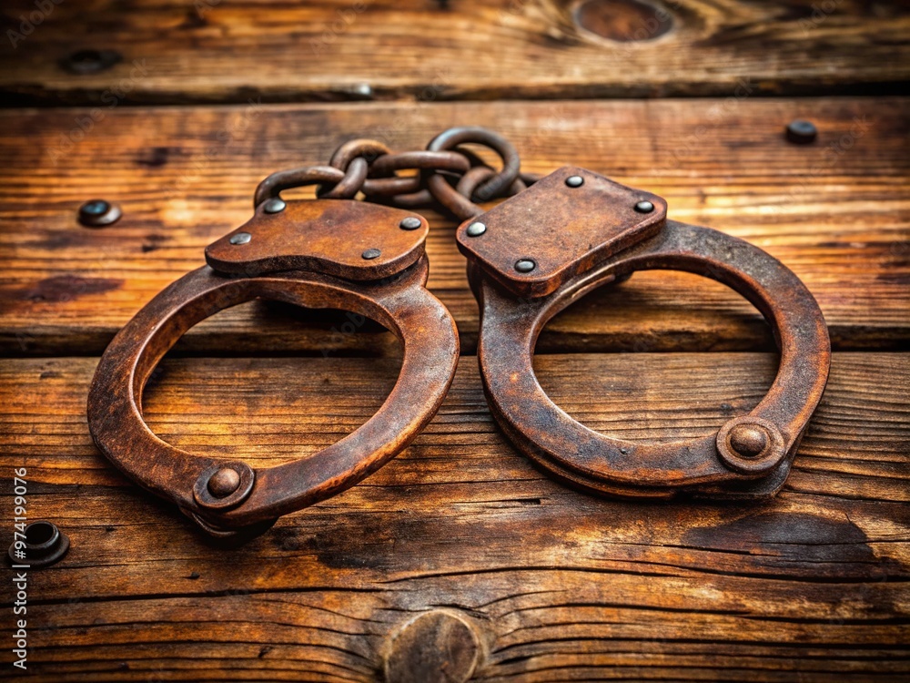 A rusty pair of old handcuffs lies abandoned on a worn wooden table, symbolizing freedom's constraints, oppression, and the struggle for liberation and autonomy. A rusty pair of old handcuffs lies abandoned on a worn wooden table, symbolizing freedom's constraints, oppression, and the struggle for liberation and autonomy.