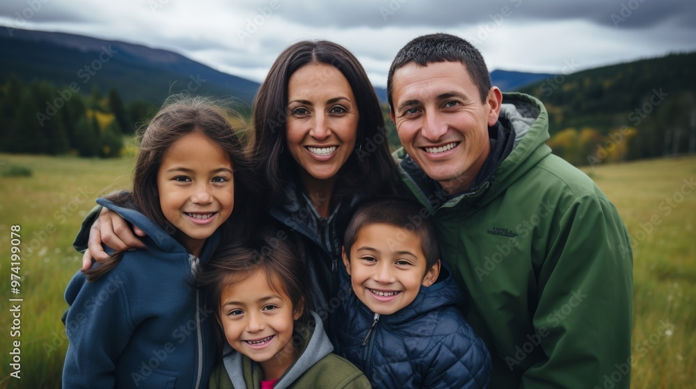 Joyful portrait of a hispanic family embracing in a picturesque rural village setting Joyful portrait of a hispanic family embracing in a picturesque rural village setting
