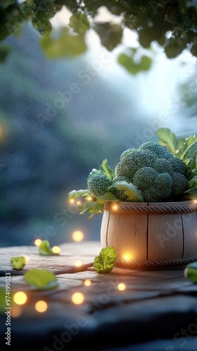 Sea podium with glowing lights enhancing a broccoli in a fantastical setting. photo