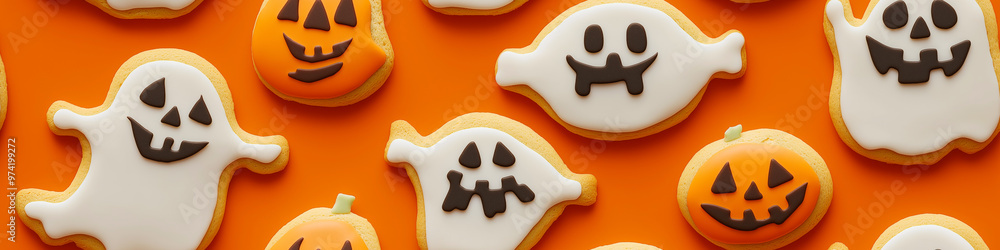 A pattern of cookies in the shape of smiling ghosts and pumpkins on an orange background. Halloween pattern A pattern of cookies in the shape of smiling ghosts and pumpkins on an orange background. Halloween pattern