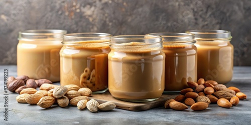 Jars of almond, cashew, and peanut butters lined up with their respective nuts scattered around them photo