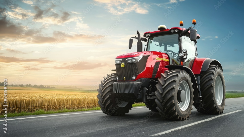 A red tractor drives down a paved road with a field of golden wheat in the background. A red tractor drives down a paved road with a field of golden wheat in the background.
