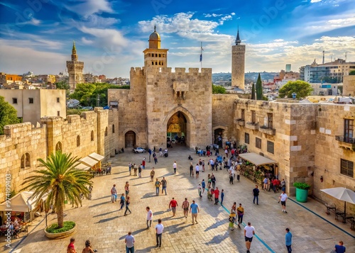 Historic Jaffa Gate entrance to Jerusalem's Old City, with ancient stone walls, ornate clock tower, and bustling photo