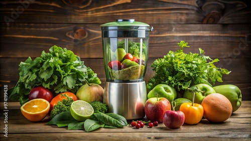 Fototapeta Naklejka Na Ścianę i Meble -  A wooden table top hosts a blending machine with a lid, surrounded by vibrant fruits and leafy greens,