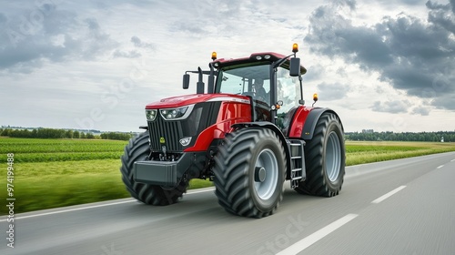 A red tractor drives down a paved road with green fields in the background.