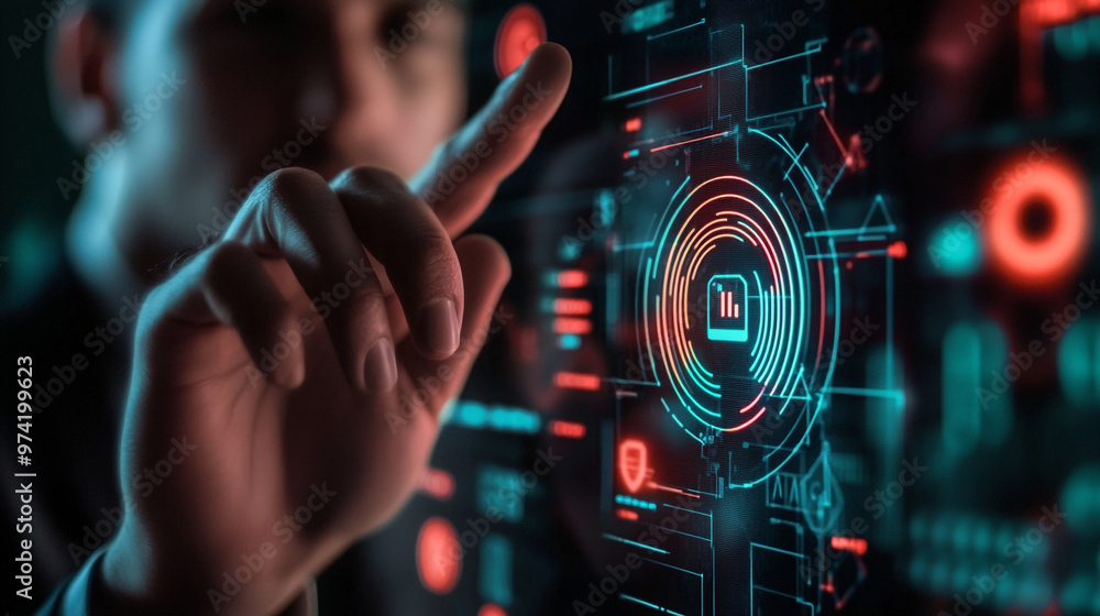 A business professional interacts with a digital data interface while analyzing metrics in a modern office space during the evening A business professional interacts with a digital data interface while analyzing metrics in a modern office space during the evening