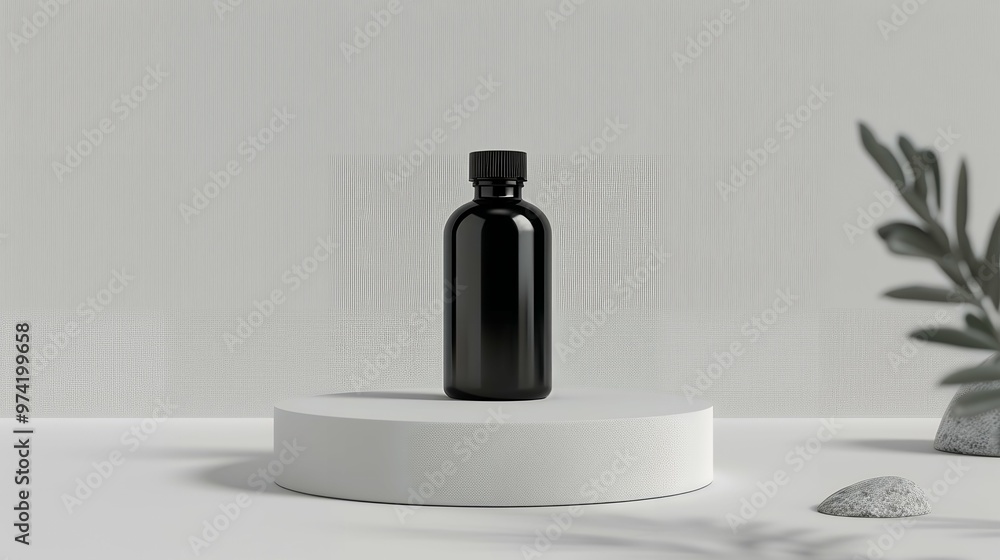 Minimalist Mockup of a Sleek Black Medicine Bottle on Modern Podium, Perfect for Supplement Packaging, Pharmacy Branding, or Healthcare Product Presentation Minimalist Mockup of a Sleek Black Medicine Bottle on Modern Podium, Perfect for Supplement Packaging, Pharmacy Branding, or Healthcare Product Presentation