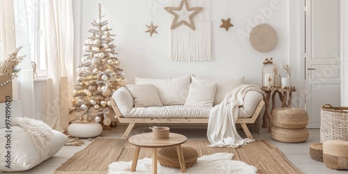 Modern Living Room with Wooden Christmas Tree and White Accents