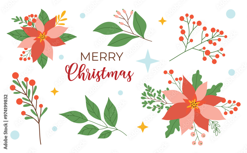 Obraz premium Christmas decoration elements set, berries, flowers, leaves, stars, isolated on white background. Vector illustration, flat style