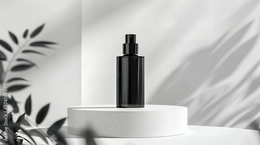 Elegant Mockup: Minimalistic Black Perfume Bottle Displayed on a Sleek Podium for Branding, Luxury Advertising, and High-End Packaging Design Showcases Elegant Mockup: Minimalistic Black Perfume Bottle Displayed on a Sleek Podium for Branding, Luxury Advertising, and High-End Packaging Design Showcases