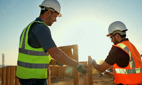 Construction workers collaborating on a project, highlighting teamwork and expertise in the industry.