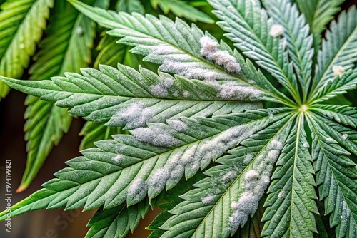 Close-up of a mature cannabis leaf showcasing small white powdery mildew spots scattered across its green surface, revealing signs of fungal disease and decay. photo