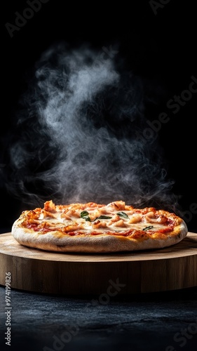 Black podium with swirling smoke, presenting a dramatic and bold pizza in a dark, moody setting.