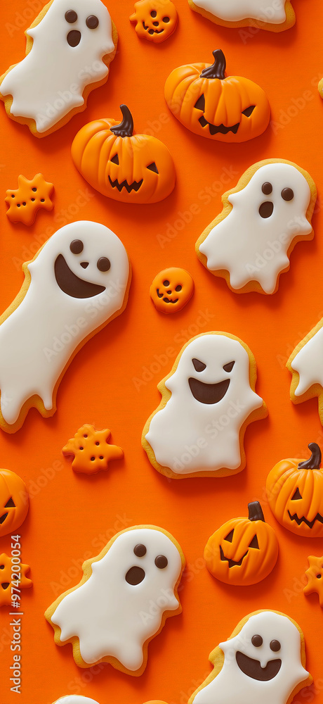 A pattern of cookies in the shape of smiling ghosts and pumpkins on an orange background. Halloween pattern A pattern of cookies in the shape of smiling ghosts and pumpkins on an orange background. Halloween pattern