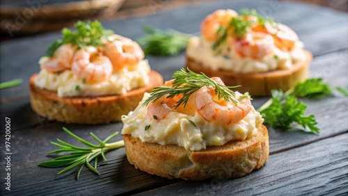 Close up of shrimp and cheese canape with dill on a small slice of bread, perfect for appetizers and catering events