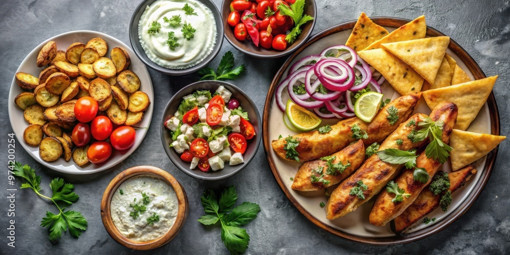 Greek food spread including Greek salad, chicken souvlaki, gyros, and baked potato wedges on gray background top view, showcasing traditional Greek cuisine Greek food spread including Greek salad, chicken souvlaki, gyros, and baked potato wedges on gray background top view, showcasing traditional Greek cuisine