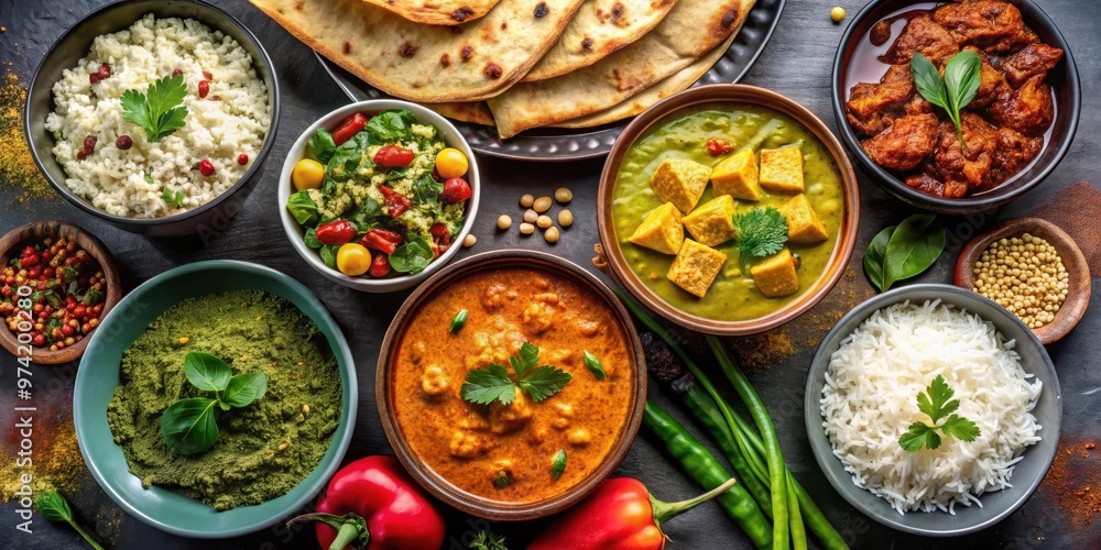 Assorted traditional Indian food on a dark background with dishes like chicken tikka masala, palak paneer, saffron rice, lentil soup, pita bread, and spices. Top view flat lay with Assorted traditional Indian food on a dark background with dishes like chicken tikka masala, palak paneer, saffron rice, lentil soup, pita bread, and spices. Top view flat lay with