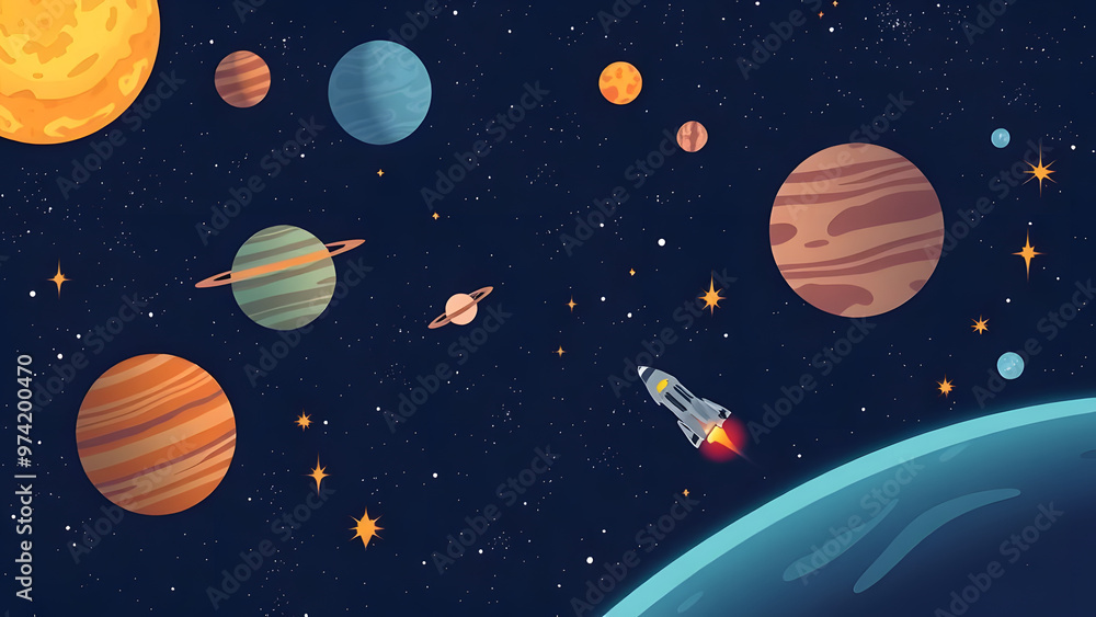 A colorful rocket traveling through space amid planets and stars A colorful rocket traveling through space amid planets and stars