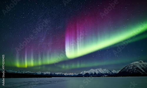 Vibrant green and purple hues of the Northern Lights dancing across the night sky, a mesmerizing natural phenomenon.