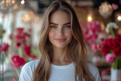 Portrait of a young woman with long hair smiling gently, surrounded by blurred pink flowers and soft, warm lighting.