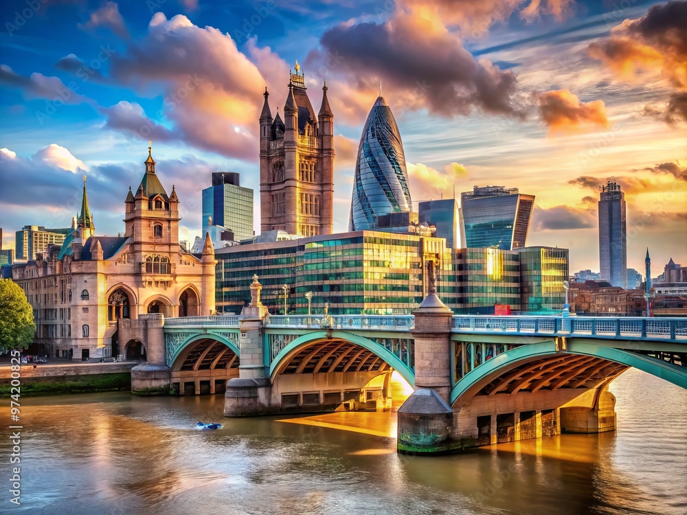 Naklejka premium Iconic medieval-style stone bridge arcing over the serene River Thames, set against a vibrant cityscape of modern