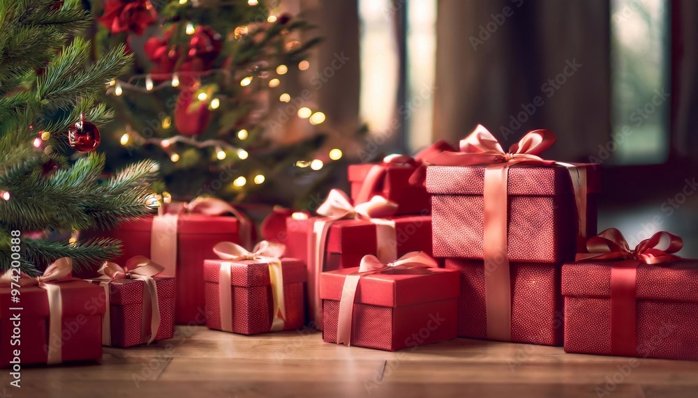 many different gifts with bow under christmas tree, holiday and gift giving concept, postcard template many different gifts with bow under christmas tree, holiday and gift giving concept, postcard template