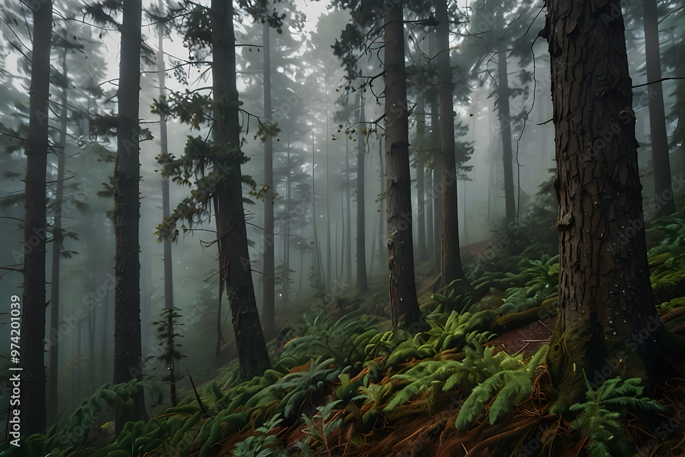 Fototapeta premium PNG Serene misty evergreen forest landscape