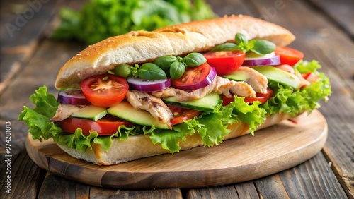 Fresh salad with grilled chicken served on a crusty baguette