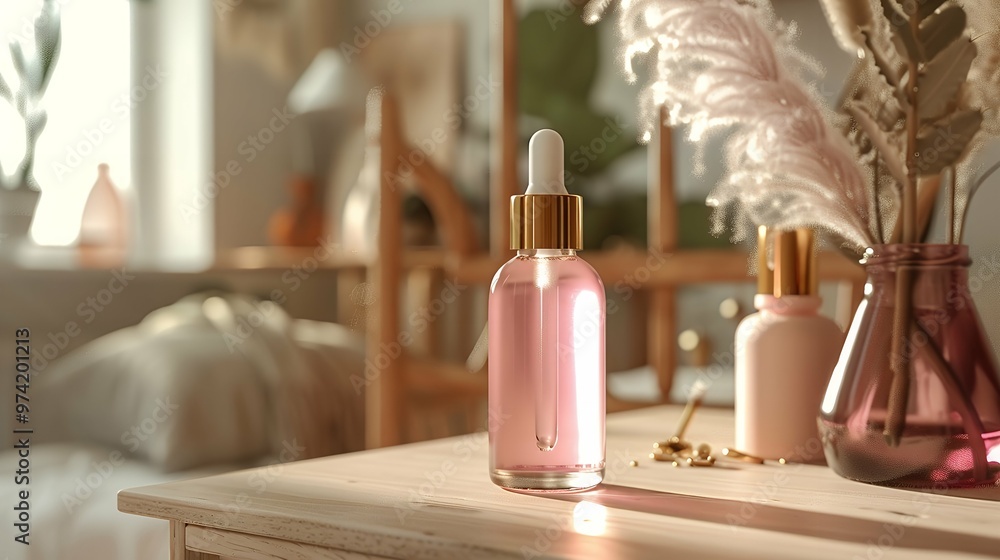 Serene Mockup: Empty Essential Oil Bottle in a Cozy Bedroom Setting for Aromatherapy, Wellness Branding, and Natural Skincare Product Advertising Serene Mockup: Empty Essential Oil Bottle in a Cozy Bedroom Setting for Aromatherapy, Wellness Branding, and Natural Skincare Product Advertising