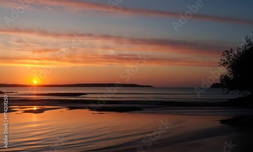 Breathtaking sunset over the ocean, with warm colors painting the sky and calm waters reflecting the light.
