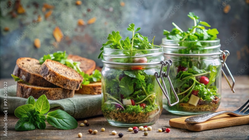 Fresh spring wild herb salad in jars with whole grain bread on a textured background with copy space Fresh spring wild herb salad in jars with whole grain bread on a textured background with copy space