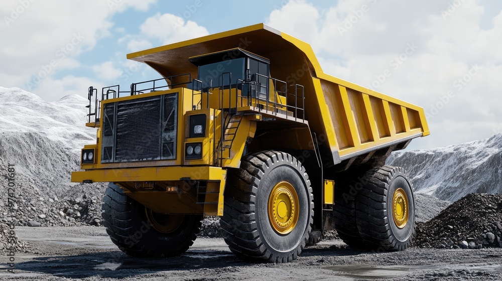 A yellow dump truck is parked on a dirt road in a quarry, with mountains in the background. A yellow dump truck is parked on a dirt road in a quarry, with mountains in the background.