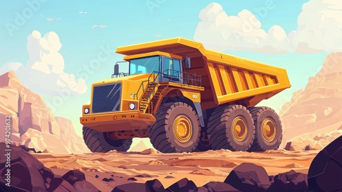 A yellow dump truck is driving on a dirt road in a quarry.