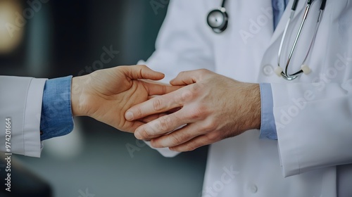 Measuring Pulse: Doctor's hands gently holding a patient's wrist, measuring the pulse. 