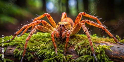 Delicate, orange-brown lichen huntsman spider perches on moss-covered tree trunk, its leg span stretching out to remarkable size, dwarfing surrounding miniature forest foliage. photo