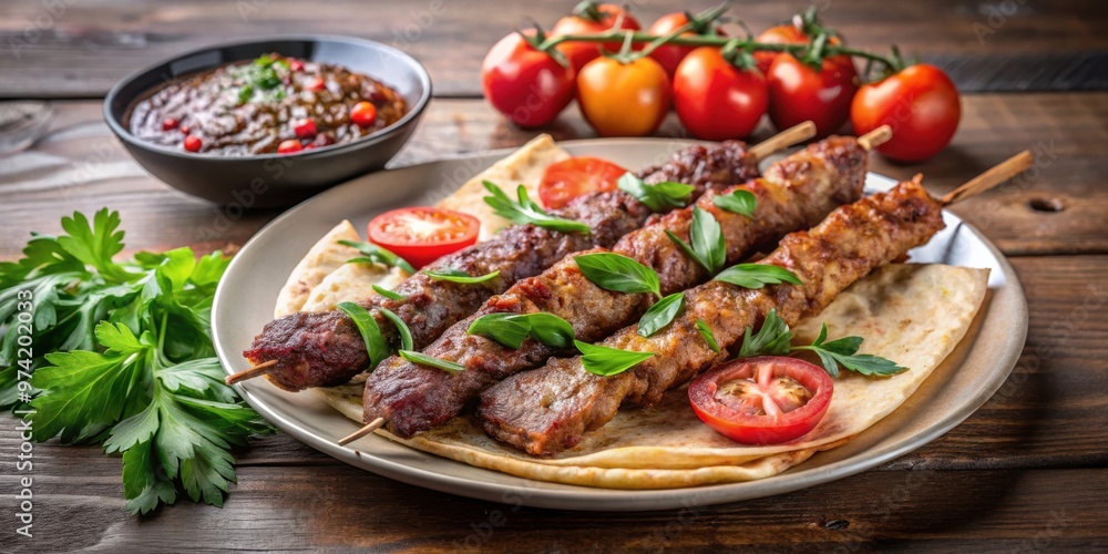 Traditional oriental Adana kebap and shashlik skewer with tomato and flatbread on a plate with copy space on the right Traditional oriental Adana kebap and shashlik skewer with tomato and flatbread on a plate with copy space on the right