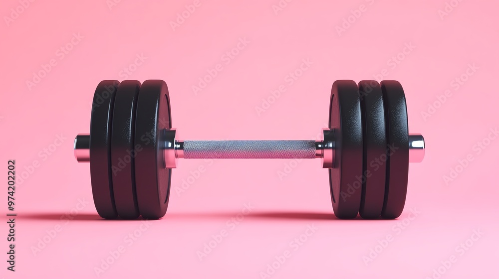 Black Dumbbell with Chrome Bar on Pink Background Black Dumbbell with Chrome Bar on Pink Background