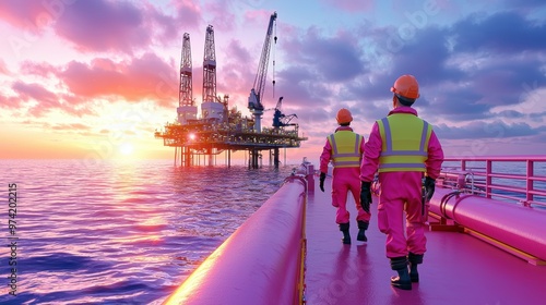 Oil Rig Workers at Sunset
